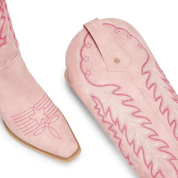 ⚡Women's Pink Knee High Cowgirl Boots Embroidered Chunky Heels Pointed Toe - Picture 3 of 6
